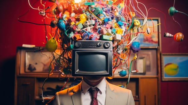 caos en mi cabeza hombre con un televisor en lugar de una cabeza ai generativa