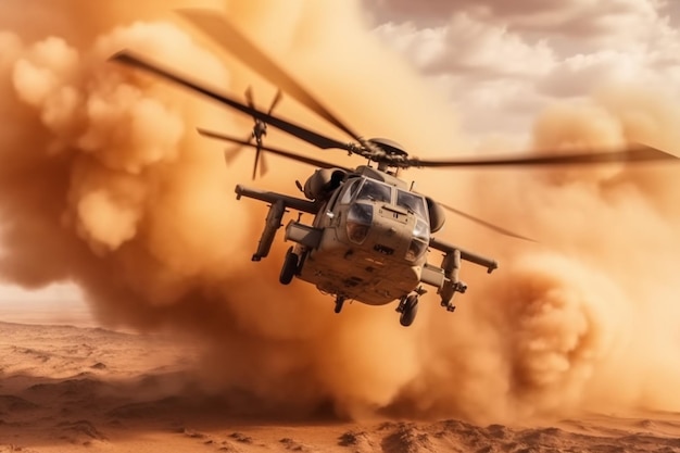Caos no deserto Helicóptero militar enfrenta fogo e fumaça em voo épico