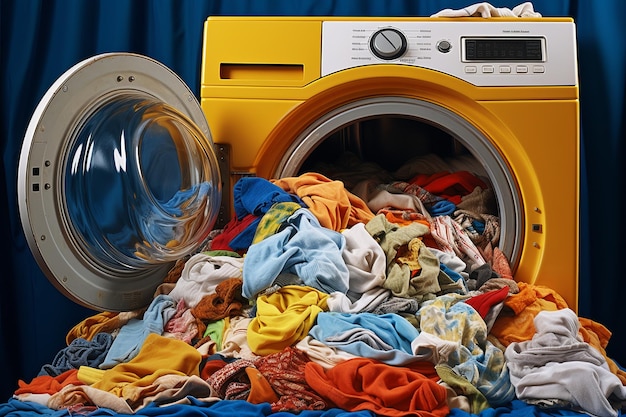 El caos de la ropa cerca de la lavadora simboliza las tareas domésticas y la limpieza