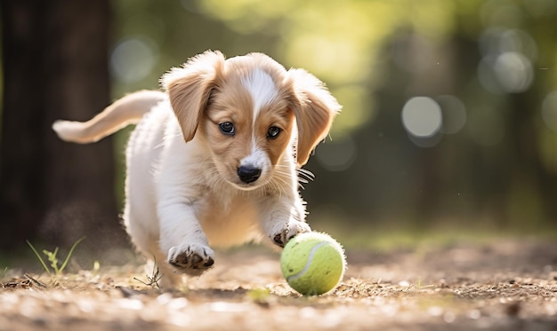 Cãozinho a correr com a bola.