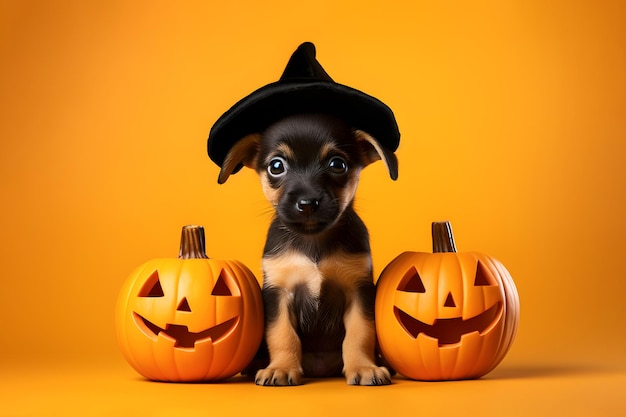 Foto cãozinho bonito de halloween usando chapéu sentado com abóboras jackolantern em fundo amarelo de estúdio