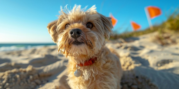 Cãozinho bonito desfrutando de um dia de praia ensolarada com céu azul e fundo de kitesurf