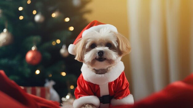 Cãozinho bonito em traje de papai noel em close de fundo de ano novo papel de parede de cartão de fundo de natal para desktop