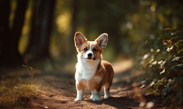 Cãozinho bonito Pembroke Welsh Corgi com uma orelha de pé ao ar livre no parque de verão IA generativa