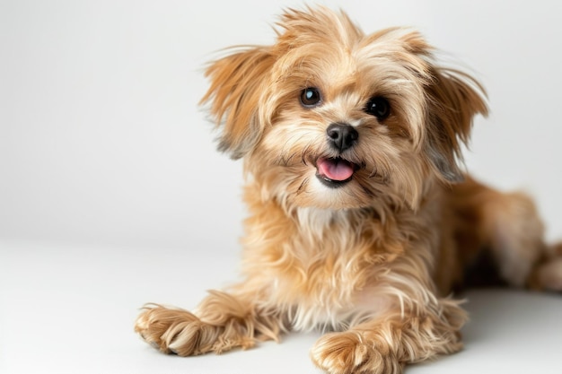 Cãozinho bonito posando brincalhão em fundo branco