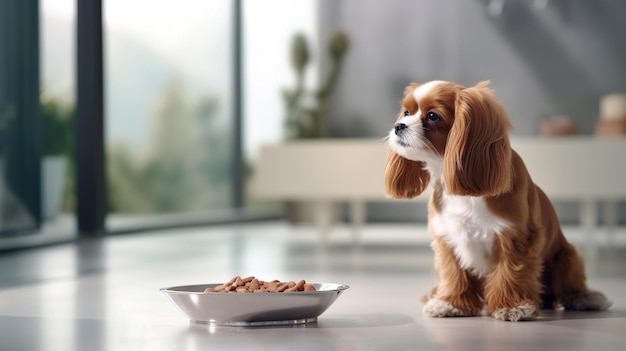 Cãozinho bonito sentado perto de uma tigela de comida para cães dentro de casa Foto de alta qualidade