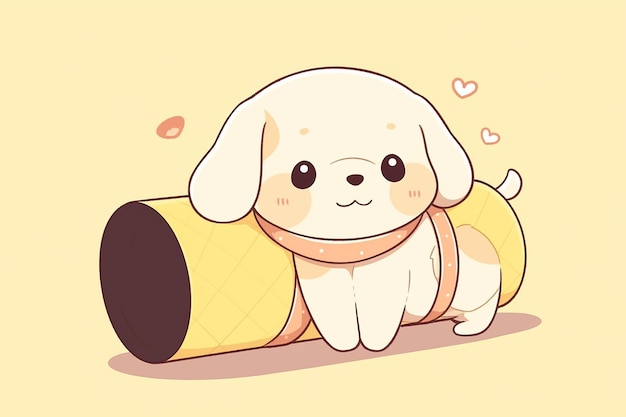 Foto cãozinho de anime bonito brincando com tapete de rolo ilustração vetorial animada