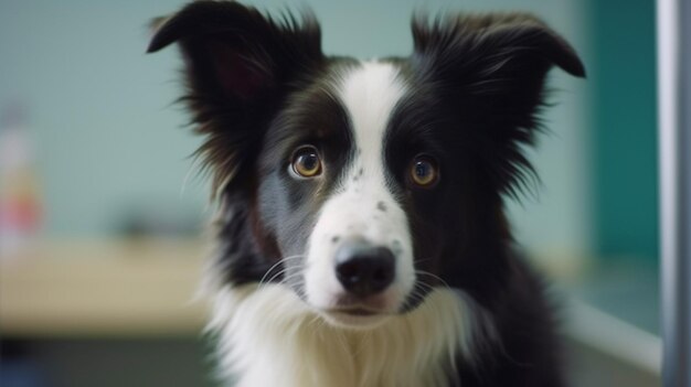 Foto cãozinho de border collie segurando um estetoscópio na boca em fundo amarelo