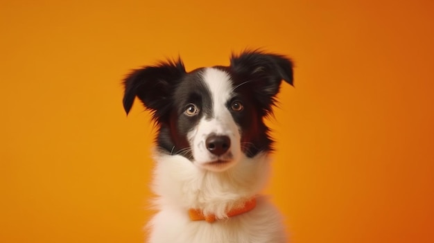 Cãozinho de Border Collie segurando um estetoscópio na boca em fundo amarelo