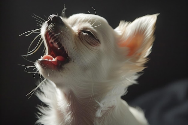 Foto cãozinho de chihuahua branco alegre ladrando com os olhos fechados em close shot happy cute dog pet