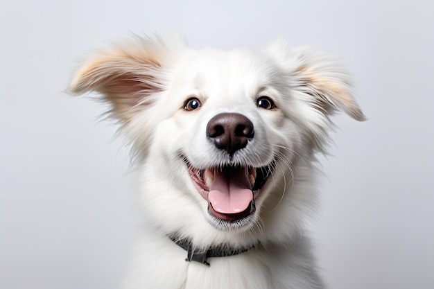 Cãozinho feliz sorrindo em fundo isolado IA generativa