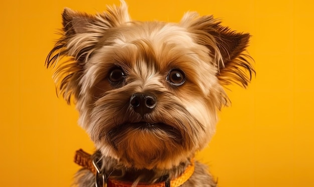 Cãozinho feliz sorrindo em um fundo amarelo isolado de IA generativa