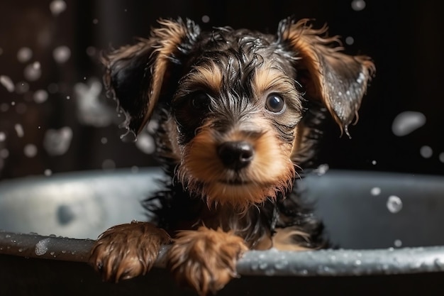 Cãozinho fofo está tomando banho com bolhas de espuma O conceito de cuidados com animais de estimação