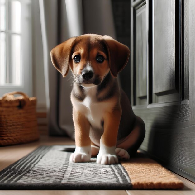 Cãozinho pacientemente sentado na porta da frente esperando ansiosamente uma saída com seu dono