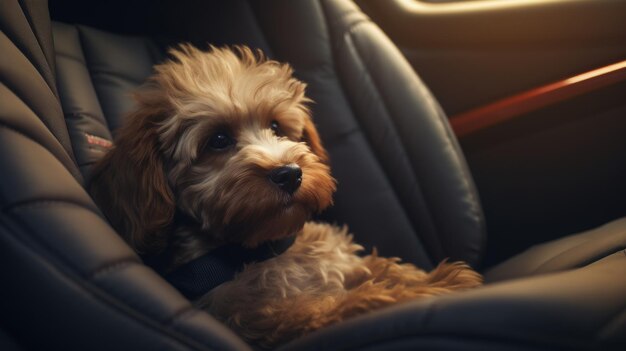 Cãozinho sentado no banco de trás de um carro
