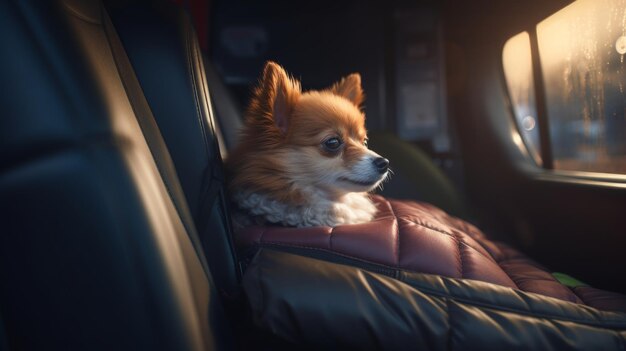 Cãozinho sentado no banco de trás de um carro