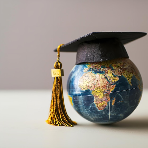 Foto cap de graduación con el globo terrestre concepto de generativo de ai global
