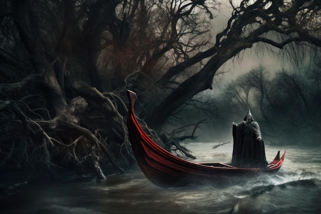 Una capa en un barco en un río debajo de un árbol al estilo de la IA generativa gótica, oscura y macabra.