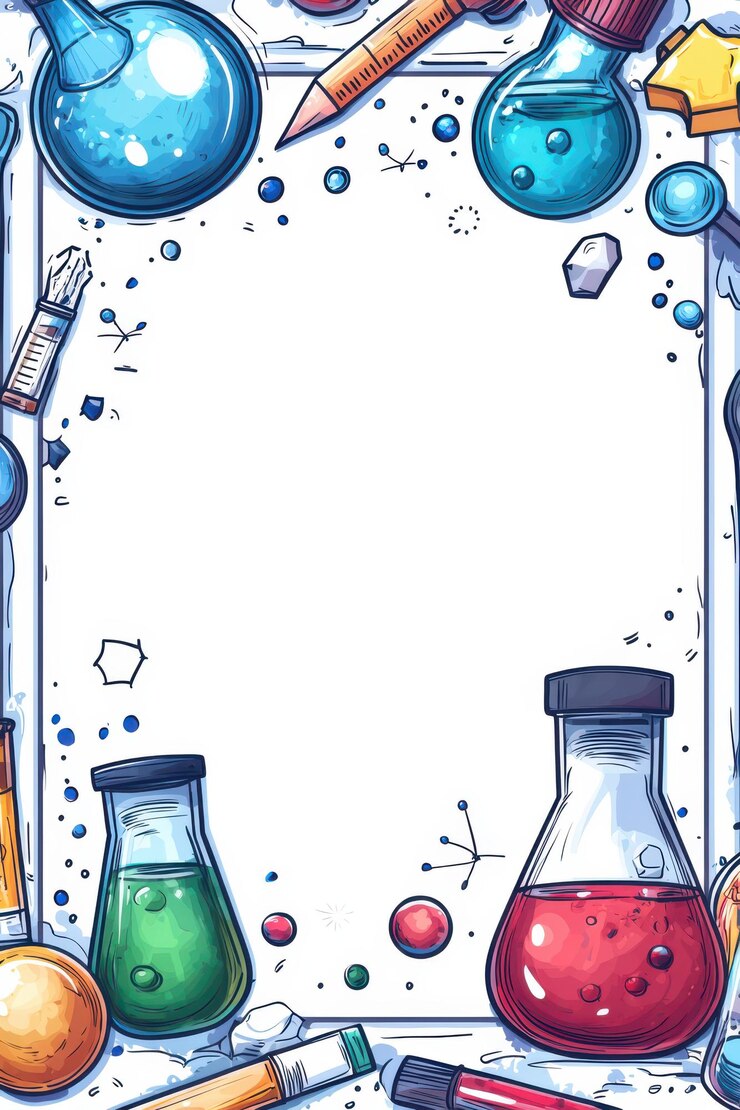 Foto capa de caderno escolar com tema científico com equipamentos de laboratório coloridos e ilustrações planetárias em fundo branco