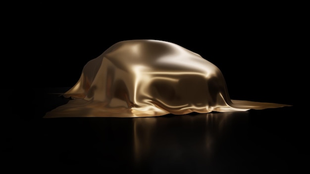 Capa de carro por pano de seda dourado Novo conceito de lançamento de carro 3d render