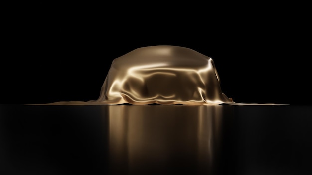 Capa de carro vista frontal por pano de seda dourado Novo conceito de lançamento de carro 3d render