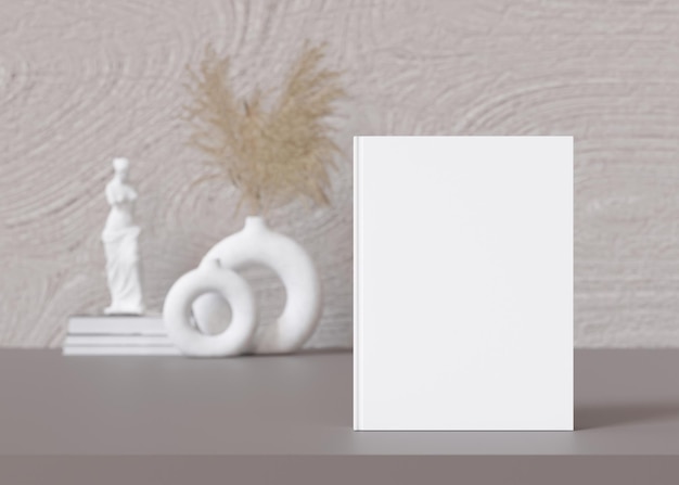 Capa de livro branco simulada com vaso e outros acessórios para casa no aparador Modelo em branco para o seu design Closeup da vista frontal Apresentação da capa do catálogo de livros Renderização em 3D