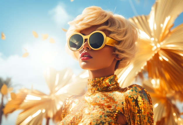 Capa de moda jovem mulher linda em roupa dourada em óculos de sol