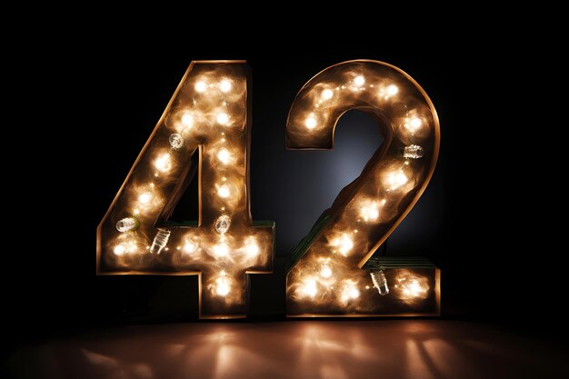 Capa do número 42 feita de elegantes números dourados com lâmpadas chiques em um fundo escuro Horizontal