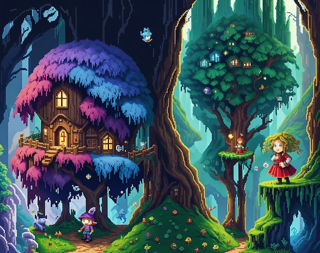 Capa Encantadora Pixel Adventure para livro infantil ambientado em florestas escuras