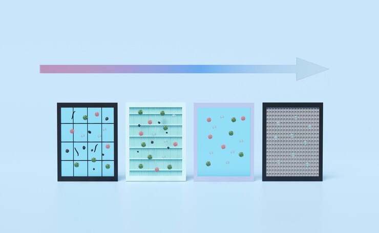 Foto la capa de filtro de aire 3d y el ventilador muestran la capa de filtro del polvo para el purificador de aire, el deshumidificador, los ventiladores de neblina, evita los vapores y los olores de los productos químicos, los virus, los alérgenos.