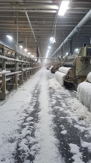 Foto una capa de helada transforma un piso de fabricación textil en un país de las maravillas invernales donde las máquinas y los carretes están adornados con nieve