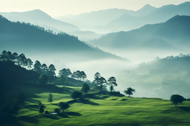 capa de niebla las colinas y la escena de la colina verde árboles pico de la montaña generado AI