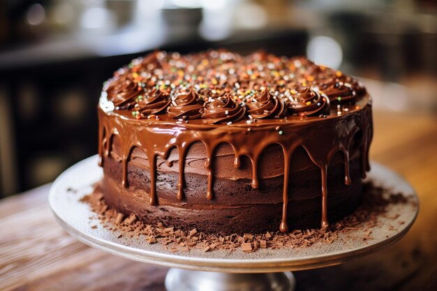 Capa de pastel de chocolate con rizos de chocolate sobre un fondo de madera