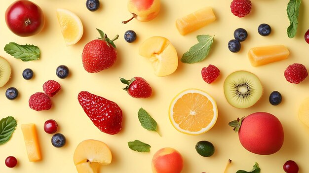 Una capa plana colorida de frutas frescas sobre un fondo amarillo