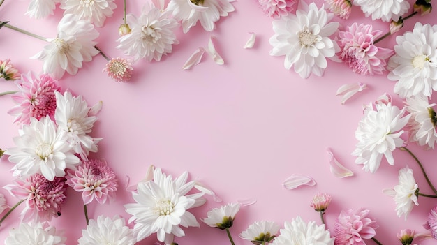 Una capa plana de flores blancas y rosas sobre un fondo rosa pastel