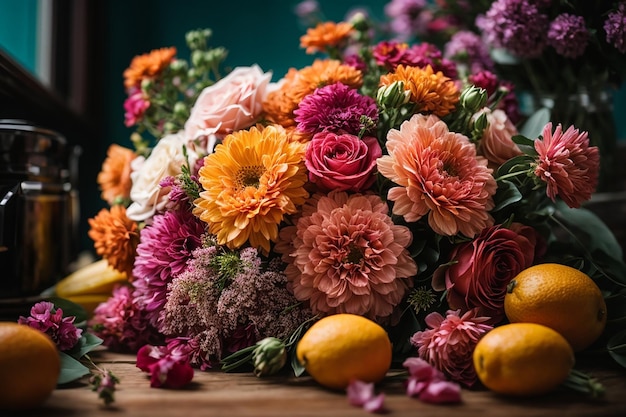 una capa plana de flores de rosas de colores bellamente florecidas