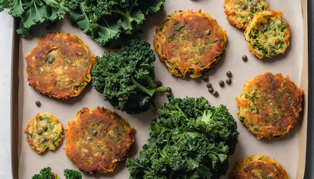 Una capa plana de fritters de verduras fritas con repollo de brócoli y alcaparras