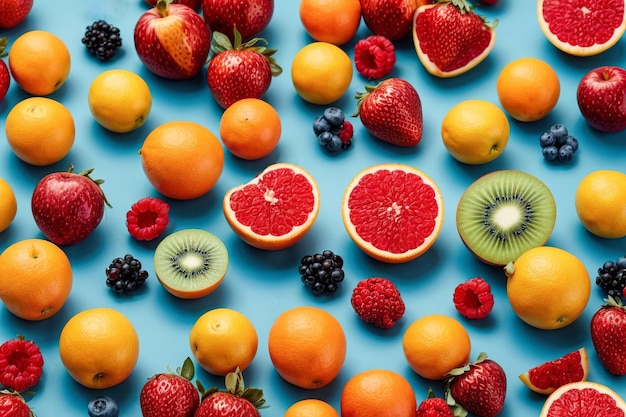 Una capa plana de frutas y bayas simétricas que proporcionan una increíble nutrición y beneficios para la salud