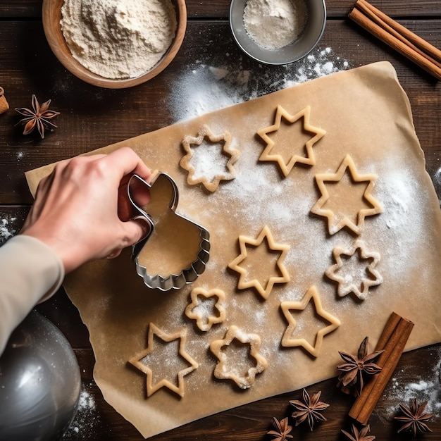Una capa plana de ingredientes de cocción casera de Navidad o galletas de pan de jengibre colocadas en la mesa