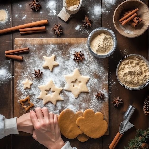 Foto una capa plana de ingredientes de cocción casera de navidad o galletas de pan de jengibre colocadas en la mesa