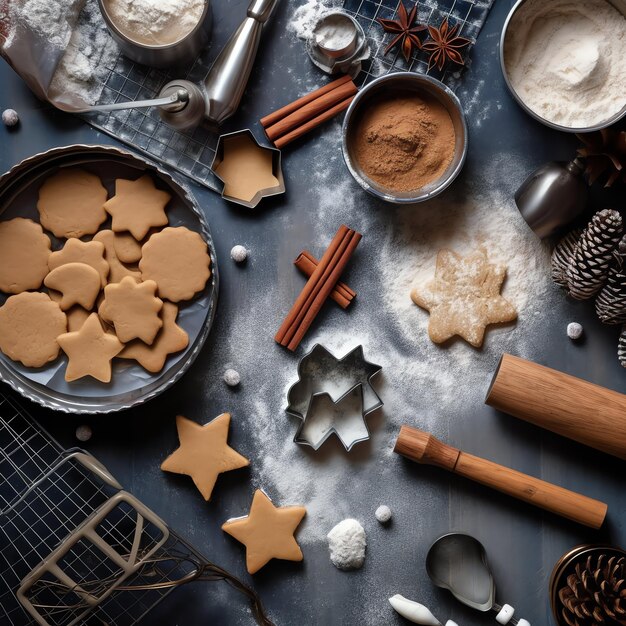 Foto una capa plana de ingredientes de cocción casera de navidad o galletas de pan de jengibre colocadas en la mesa