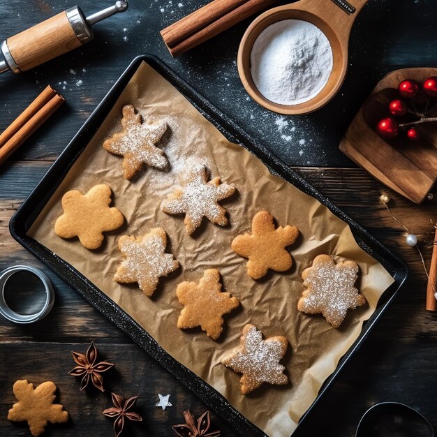 Foto una capa plana de ingredientes de cocción casera de navidad o galletas de pan de jengibre colocadas en la mesa