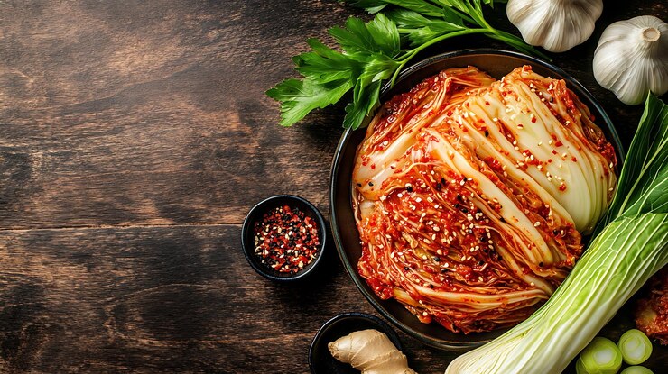 Una capa plana muy bien organizada de ingredientes frescos de kimchi, incluido el jengibre de ajo y repollo napa