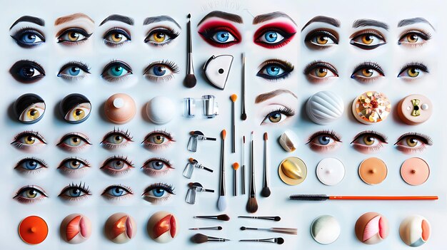 Una capa plana de pinceles de maquillaje y productos para maquillaje de ojos