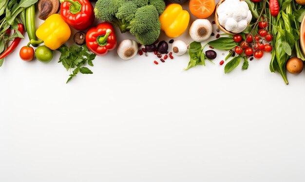 Foto una capa plana de verduras orgánicas frescas y coloridas, espacio de copia blanca en el centro del marco