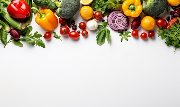 Foto una capa plana de verduras orgánicas frescas y coloridas, espacio de copia blanca en el centro del marco