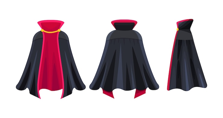 Foto capa preta realista super-herói capa drácula vampiro carnaval traje mockup trajes festivos são frente para trás e vista lateral roupas de carnaval masquerade fantasia vestido vetor ilustração