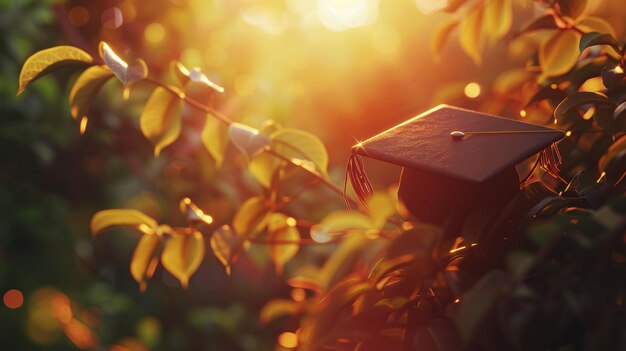 Capa simbólica de graduação em galho de árvore à luz do sol