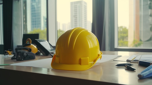 Capacete amarelo em uma mesa em um escritório moderno