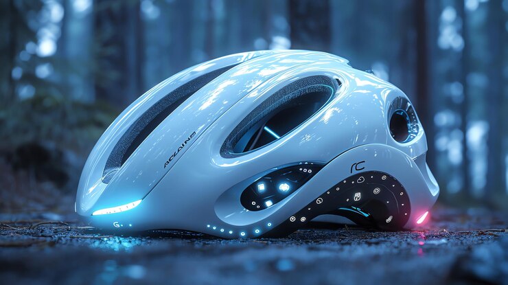 Foto capacete de ciclismo futurista com navegação ar integrada emparelhado com luvas inteligentes ergonômicas futuristic digital cool neutrals equipamento de ciclismo de alta tecnologia